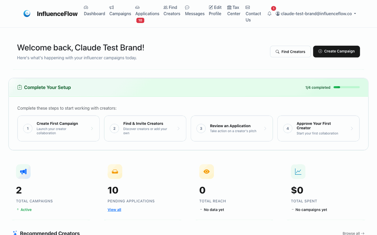 Brand Dashboard — manage campaigns, track performance, and discover creators
