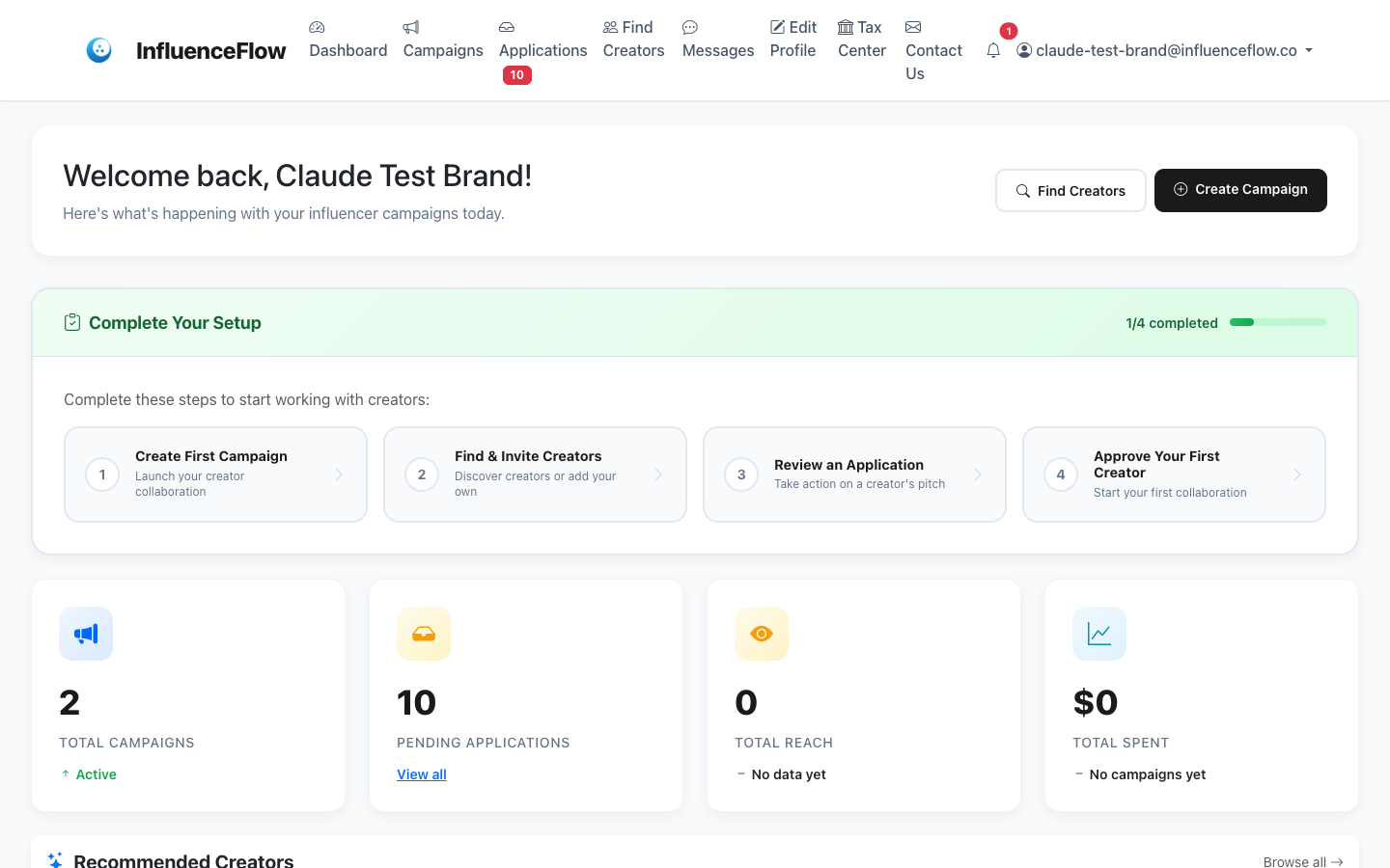 Brand Dashboard — manage campaigns, track performance, and discover creators