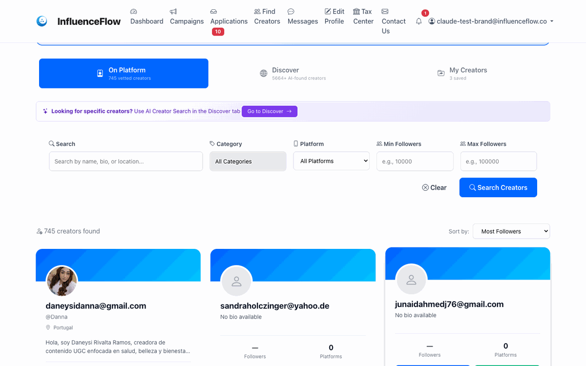 Creator Discovery — search and filter creators by niche, engagement, and audience