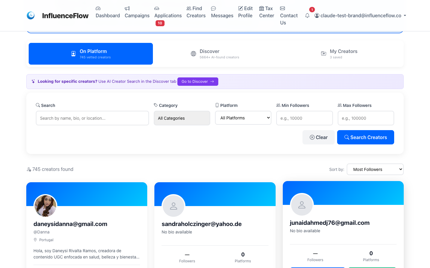 Creator Discovery — search and filter creators by niche, engagement, and audience